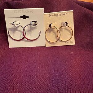 Hoop Earrings Lot | Red Enamel & Sterling Silver | 2 Pairs